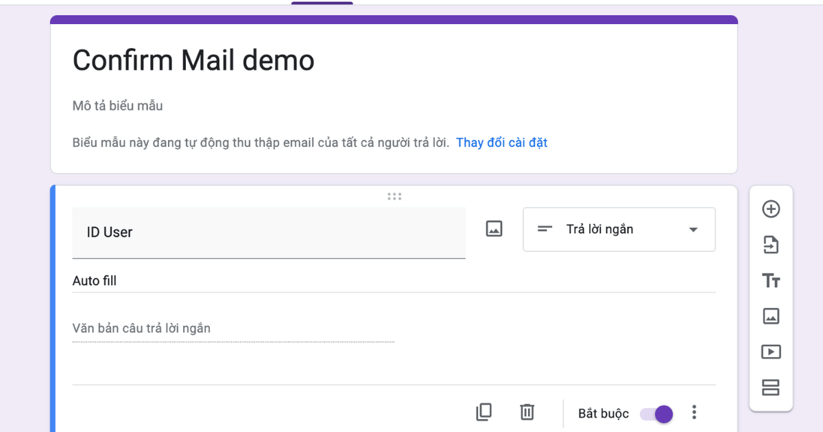 Tạo google form để xác thực mail